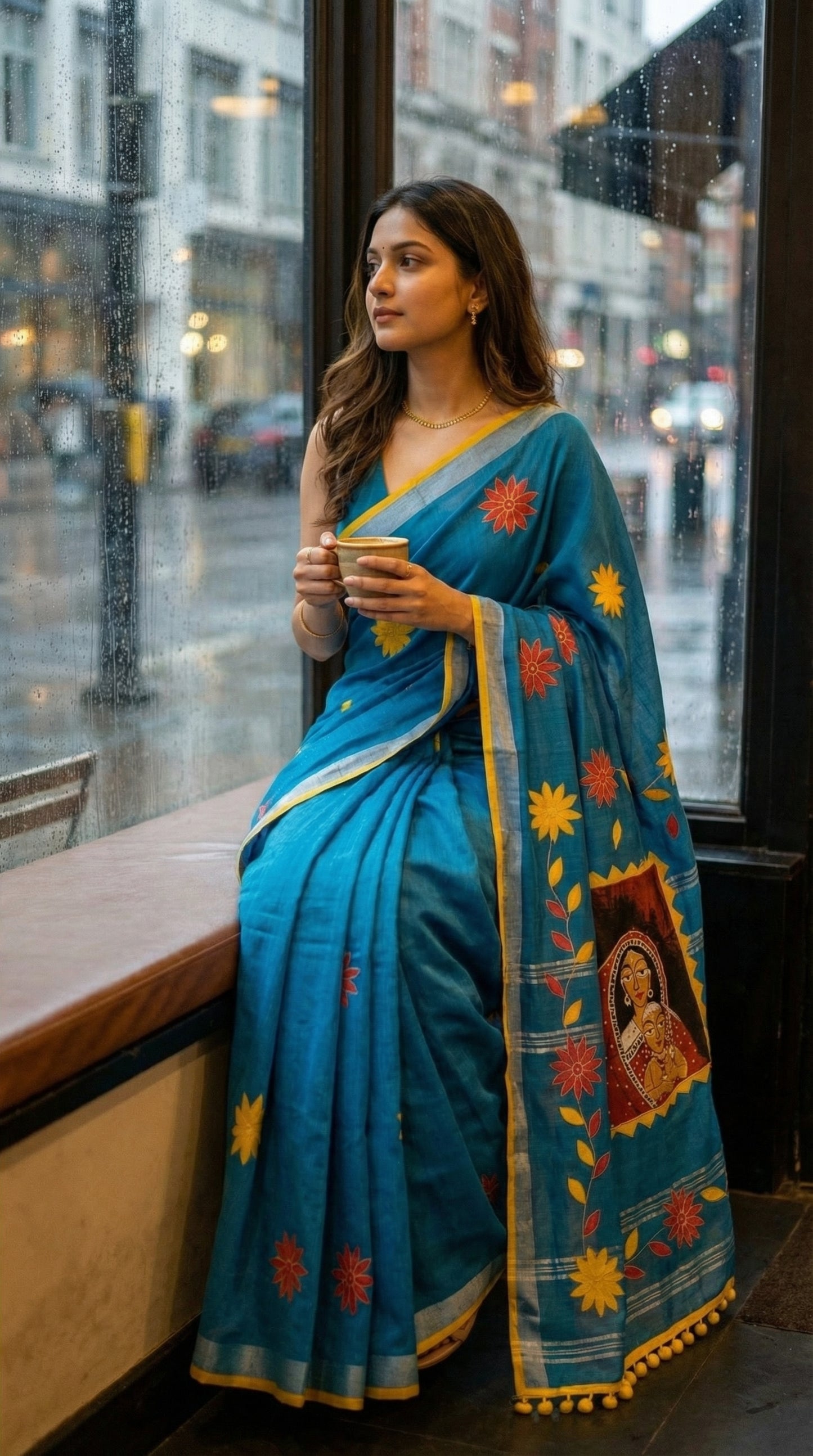 Woman in a blue cotton saree with hand-painted floral and artistic motifs, yellow border, and cultural pallu design, sitting by a window on a rainy day.
