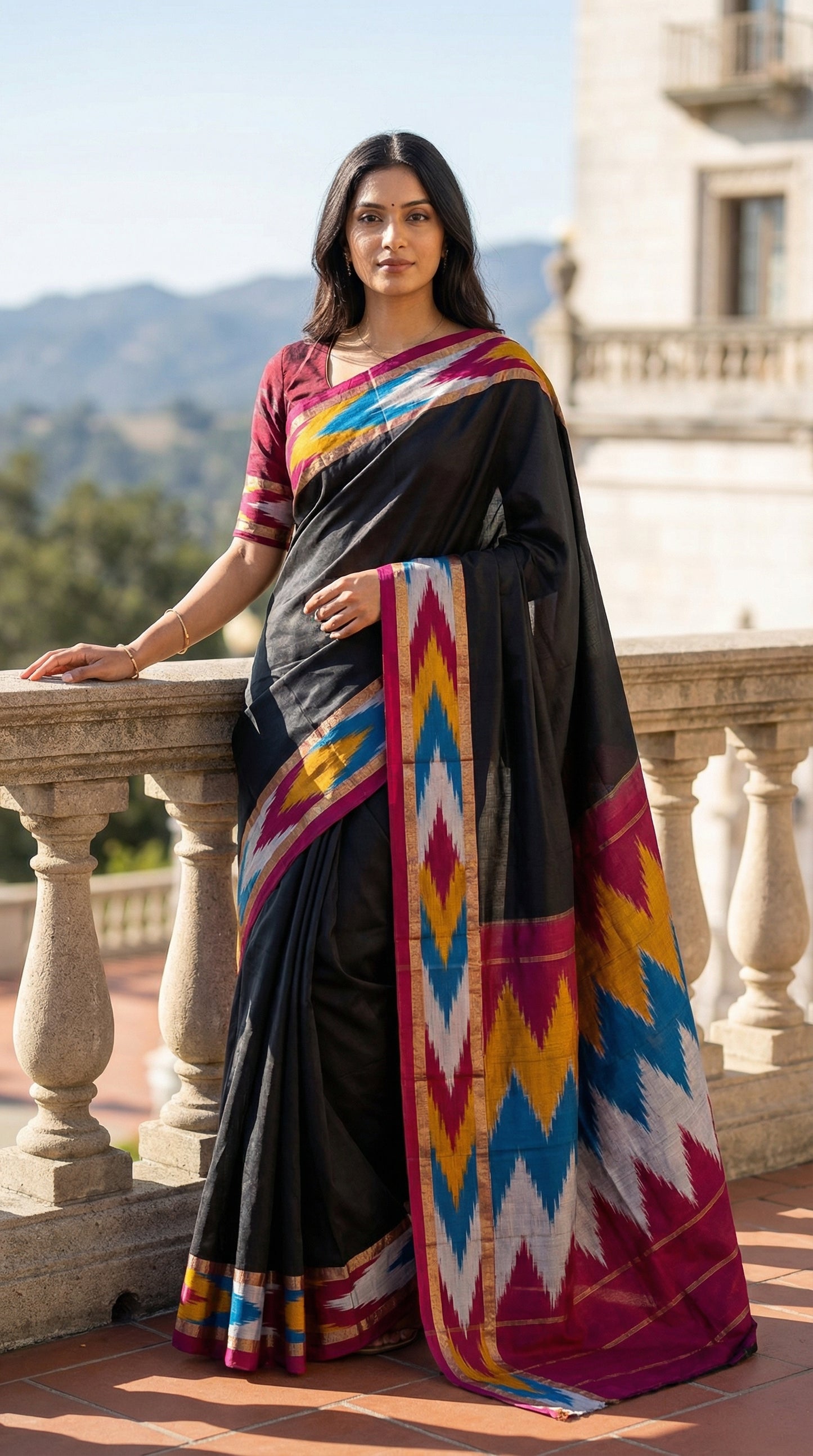 Woman wearing a black cotton saree with vibrant Ikat-style border in red, gold, and blue, folded with floral accents, standing outdoors.
