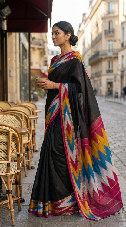 Woman in a black cotton saree with vibrant Ikat-style border in red, gold, and blue, folded with floral accents, with colorful patterns standing on a street.