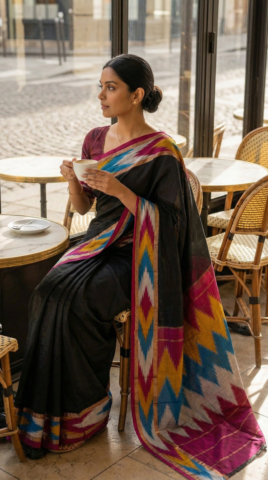 Woman in a black cotton saree with vibrant Ikat-style border in red, gold, and blue, folded with floral accents, with a colorful border sitting at a cafe.