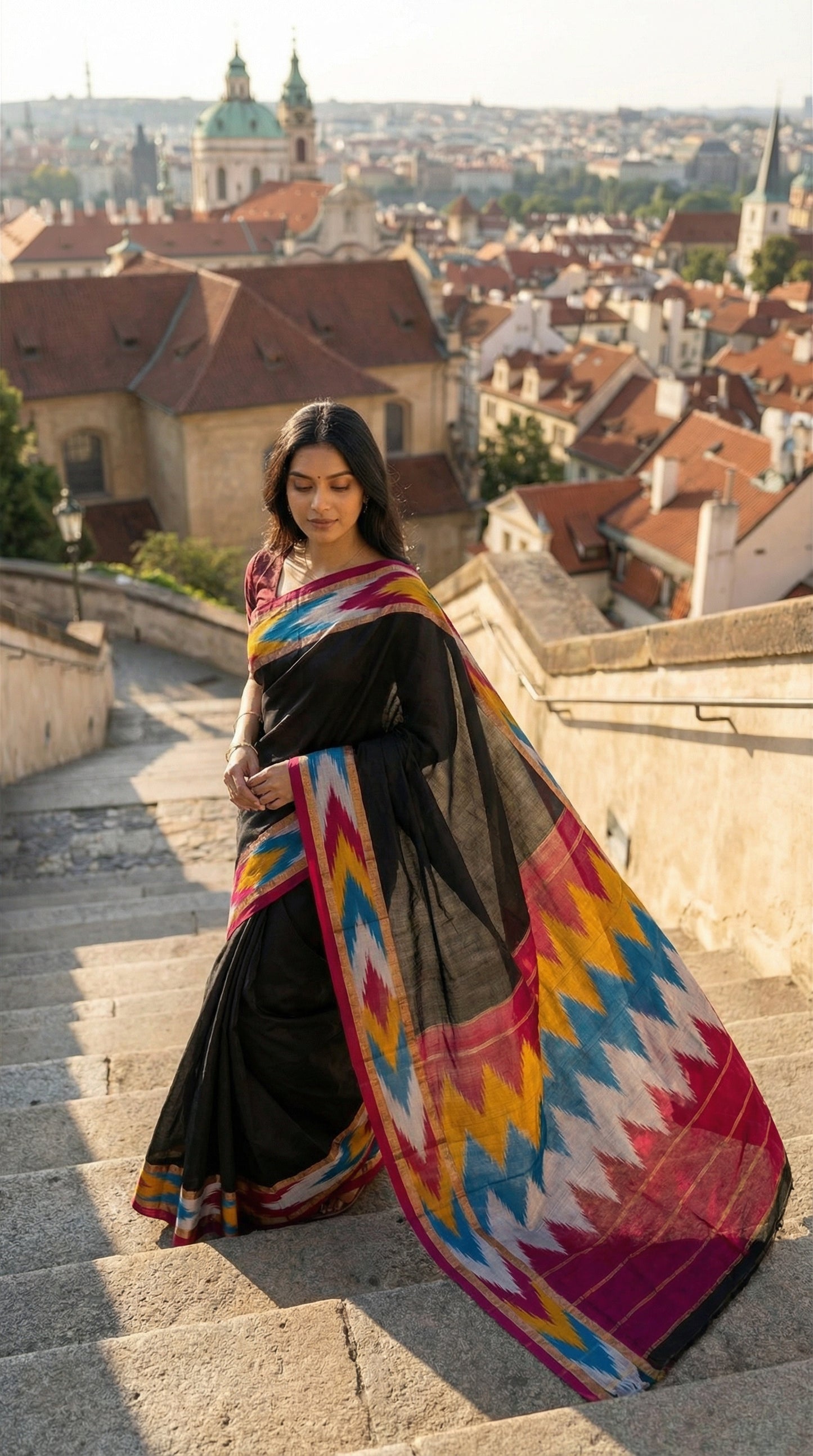 Woman in a black cotton saree with vibrant Ikat-style border in red, gold, and blue, folded with floral accents, standing on stone steps with a cityscape in the background