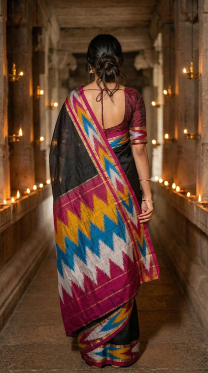 Woman in a black cotton saree with vibrant Ikat-style border in red, gold, and blue, folded with floral accents, walking through a temple corridor with lit candles.