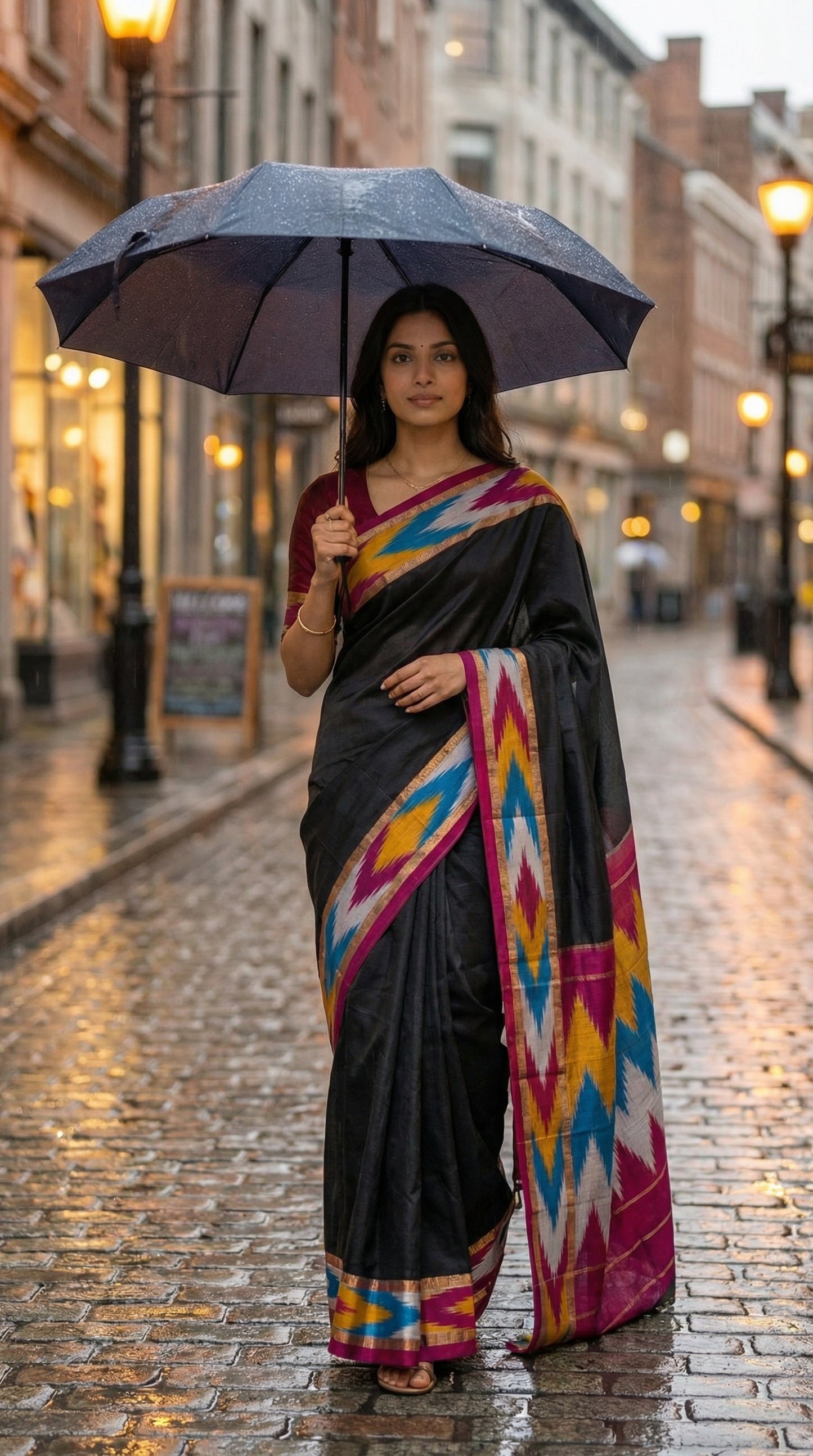 Woman in a black cotton saree with vibrant Ikat-style border in red, gold, and blue, folded with floral accents, holding an umbrella on a city street.