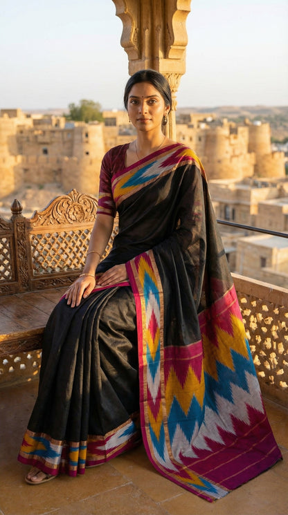Woman in a black cotton saree with vibrant Ikat-style border in red, gold, and blue, folded with floral accents, sitting on a balcony with a cityscape in the background