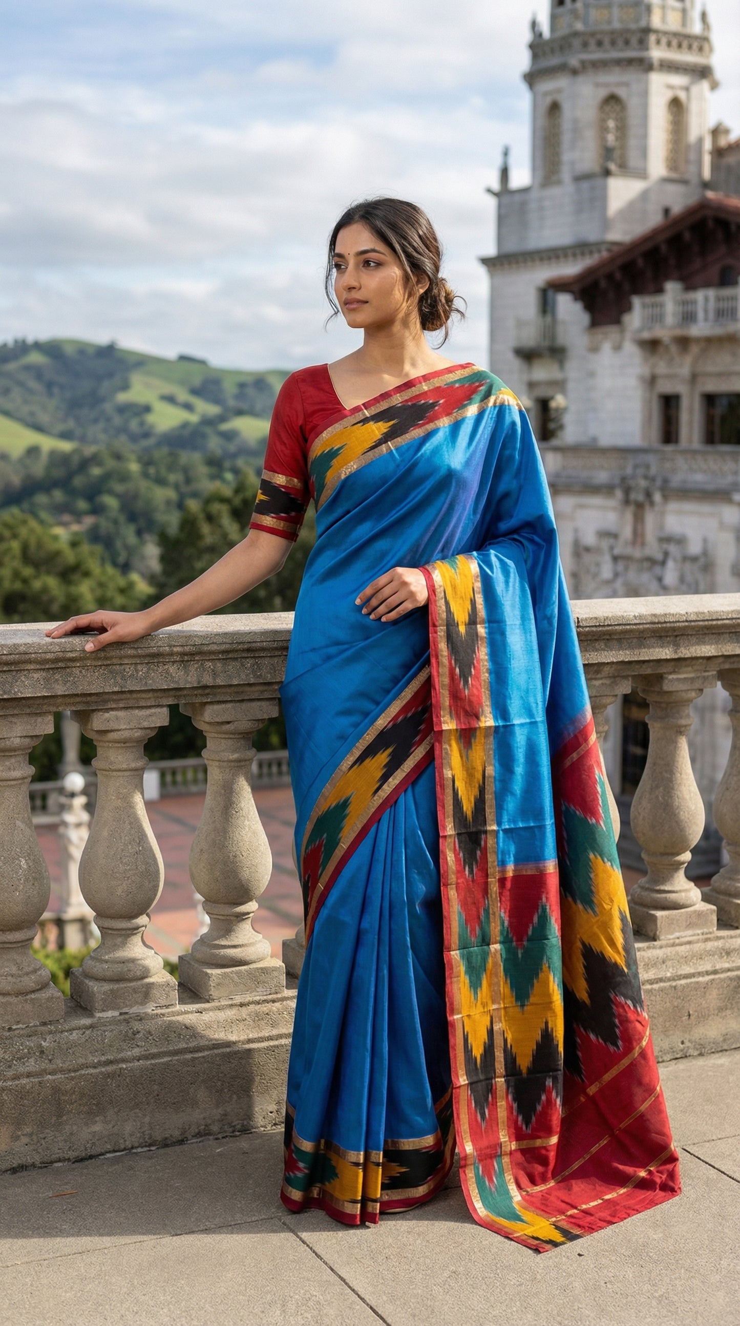 Woman wearing a blue cotton saree with mustard and black Ikat border and red edge, with a scenic background