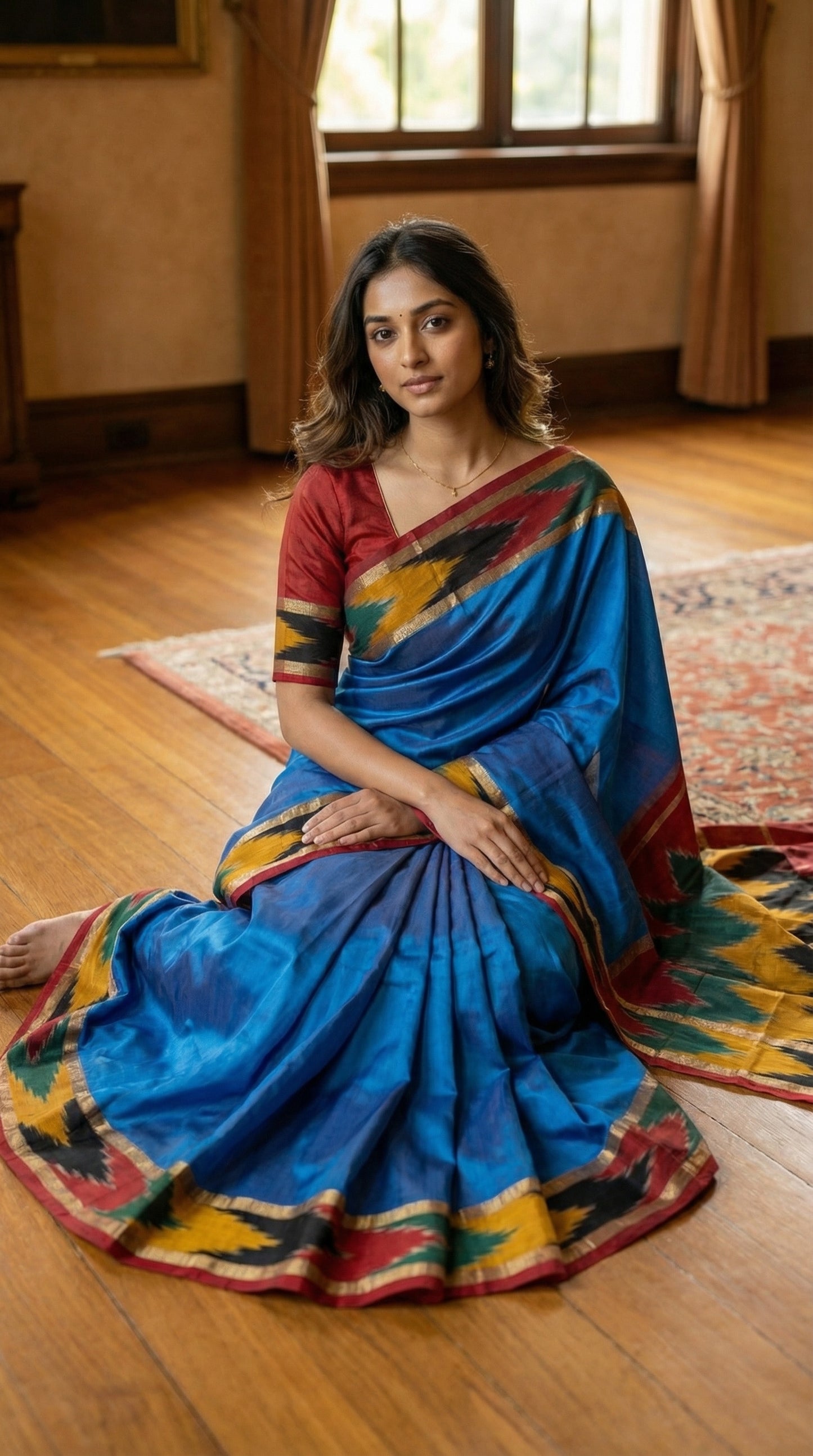 Woman in a blue cotton saree with mustard and black Ikat border and red edge, sitting on a wooden floor.