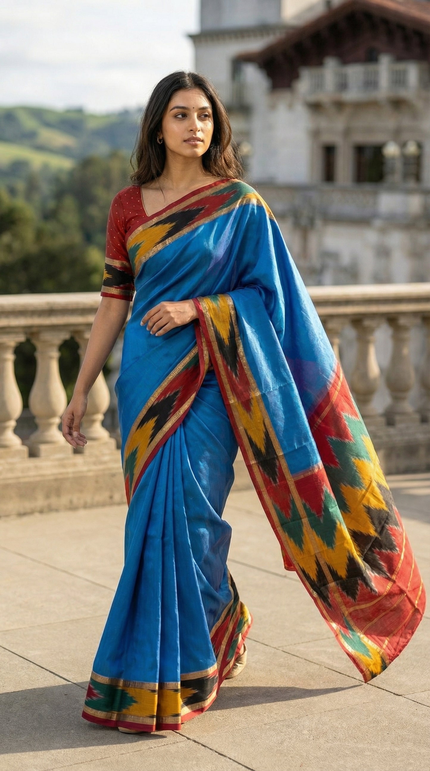 Woman wearing a blue cotton saree with mustard and black Ikat border and red edge, outdoors.