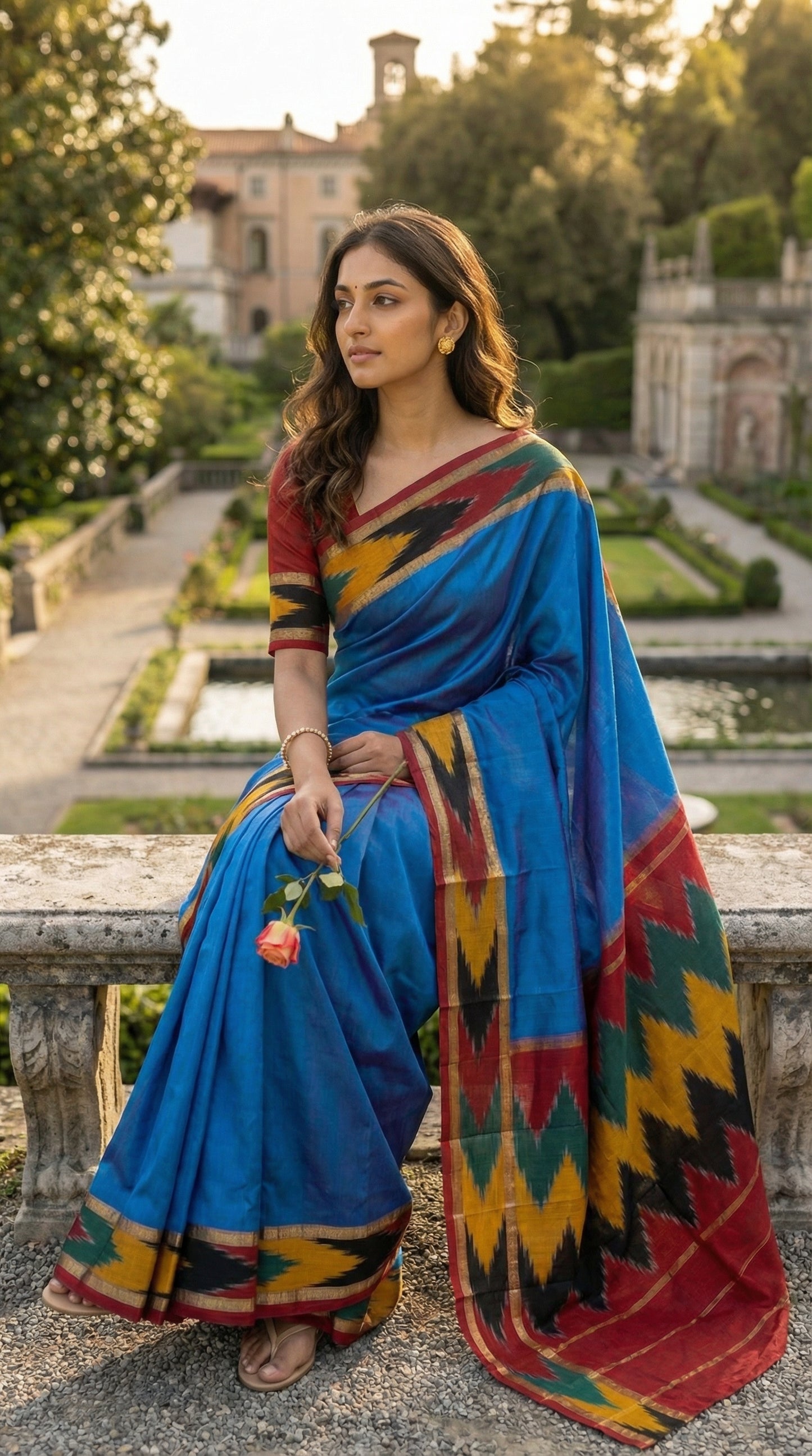 Woman in a blue cotton saree with mustard and black Ikat border and red edge, sitting outdoors with a garden and building in the background
