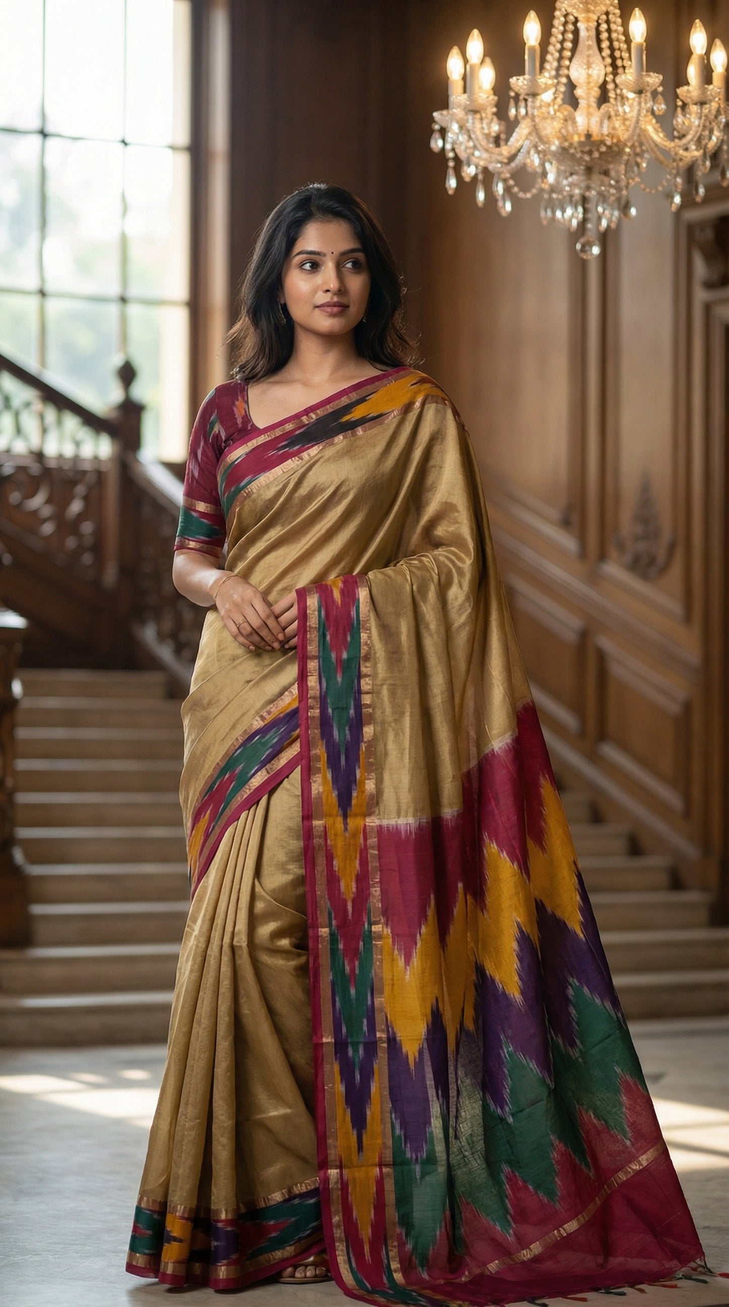 Woman wearing a golden yellow cotton saree with multicolor border and metallic accents, in an elegant indoor setting.
