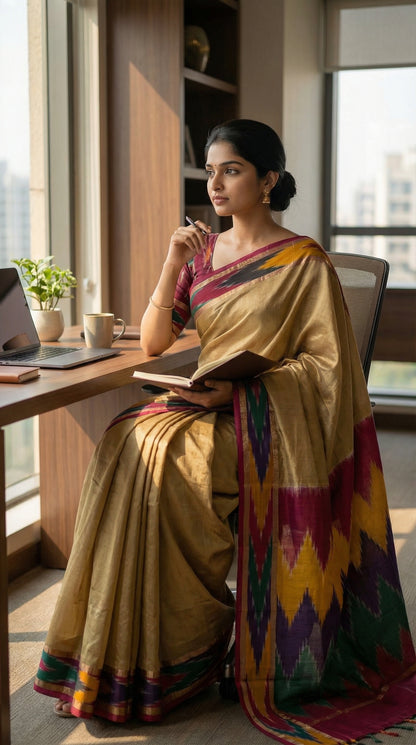 Woman in a golden yellow cotton saree with multicolor border and metallic accents, sitting at a desk with a laptop and notebook.