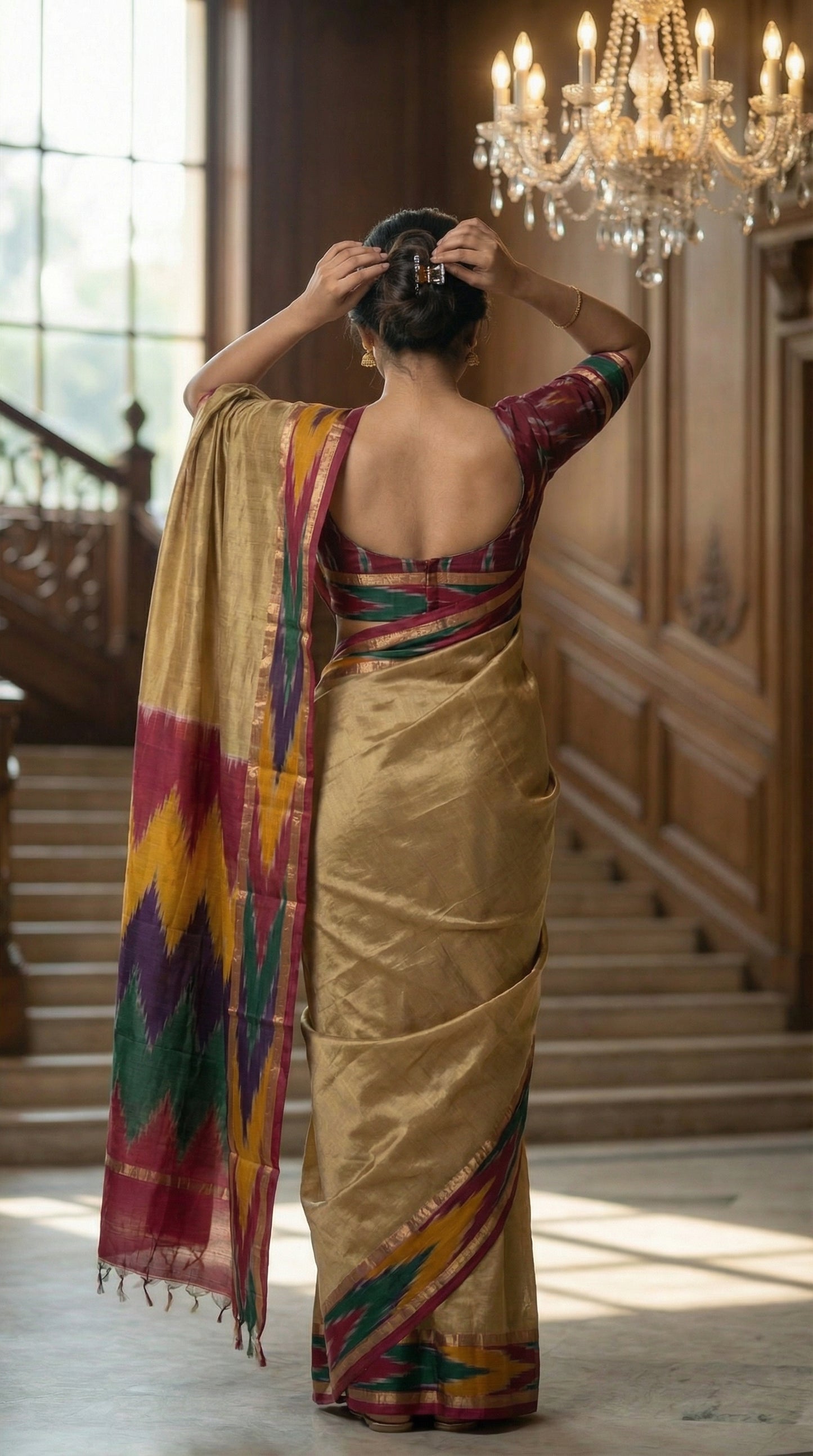 Woman in a golden yellow cotton saree with multicolor border and metallic accents, standing in a room with wooden paneling and a chandelier.