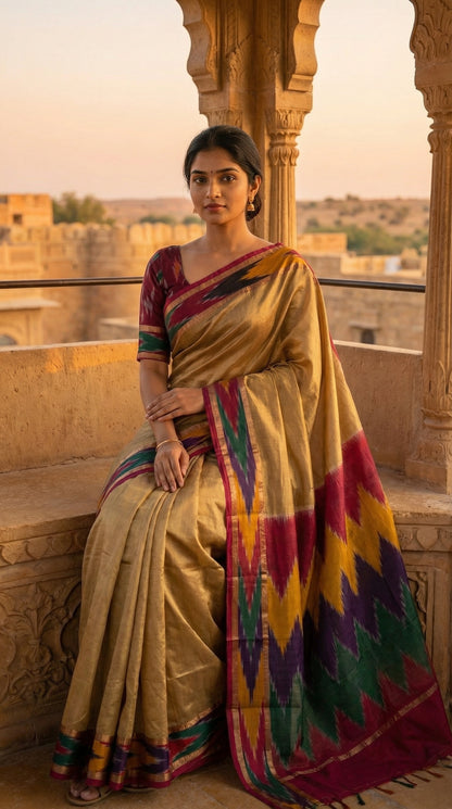 Woman in a golden yellow cotton saree with multicolor border and metallic accents, sitting on a balcony with a sunset view.