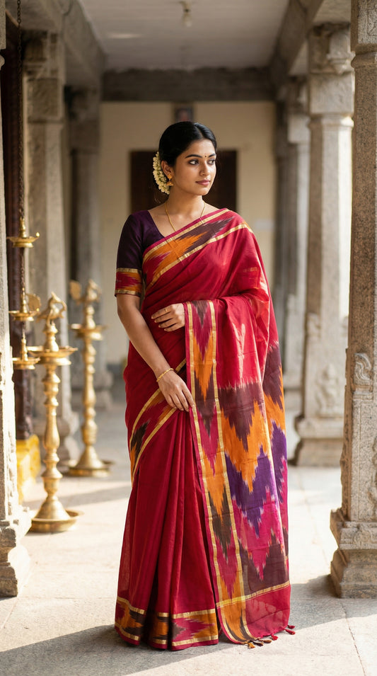 Woman in a magenta cotton saree with multicolor Ikat border and golden trim, standing in an architectural setting.