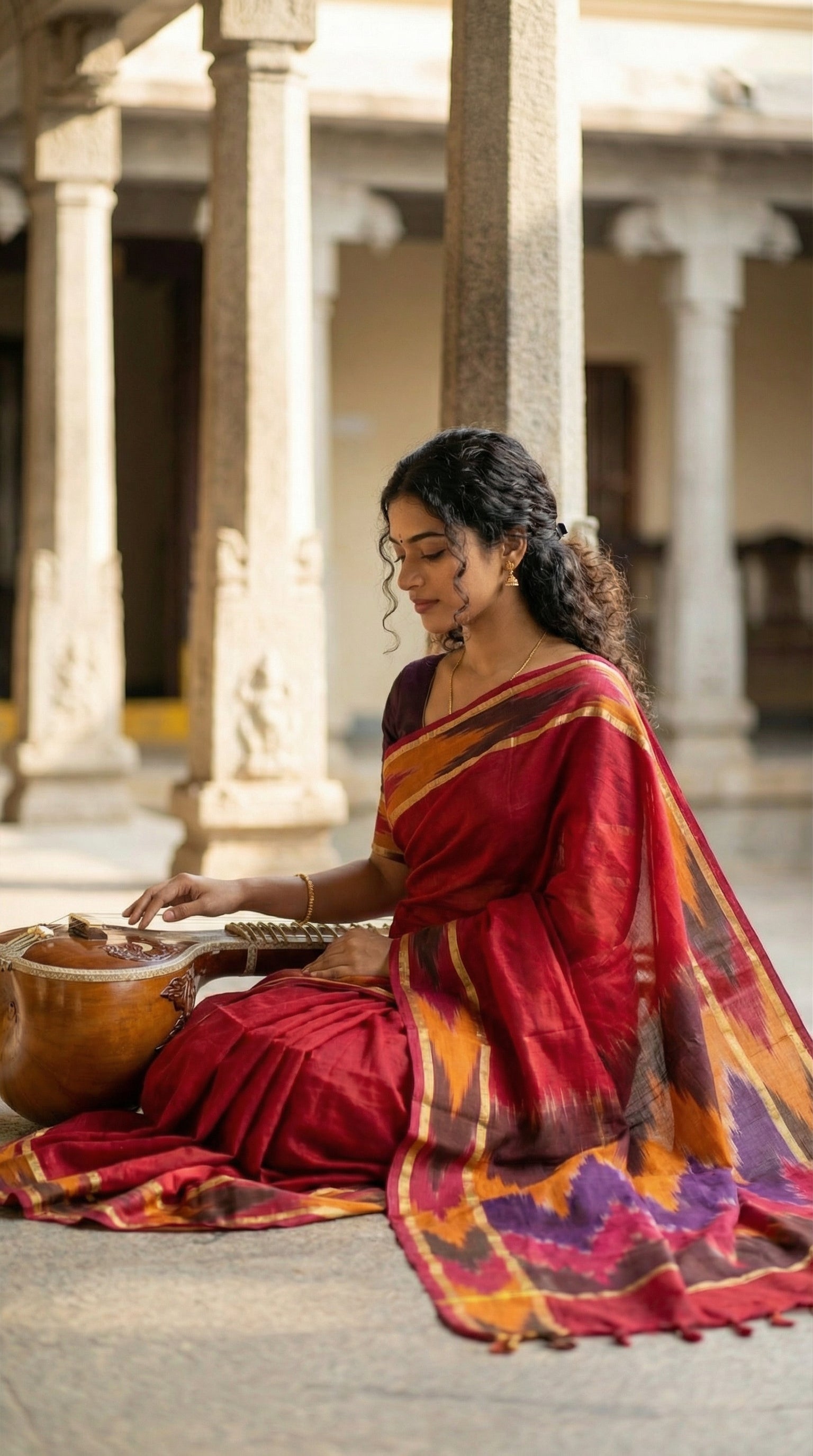 Woman in a magenta cotton saree with multicolor Ikat border and golden trim, playing a traditional drum in an outdoor setting with columns.