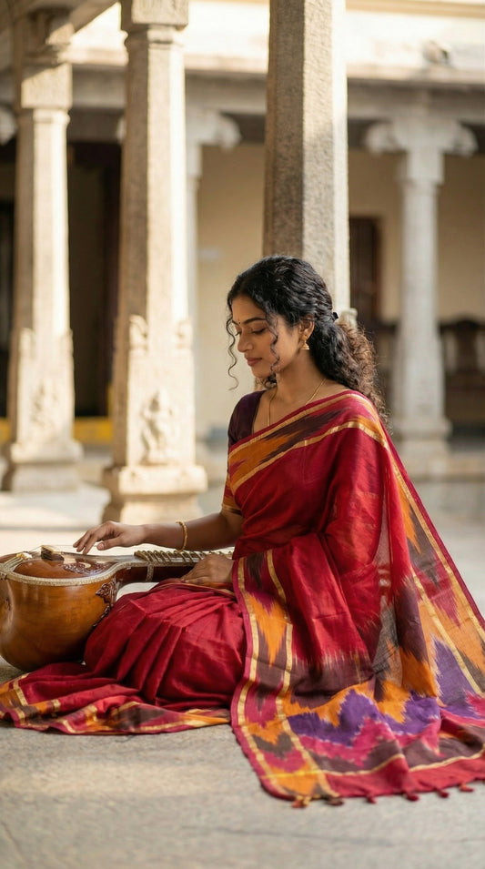 Woman in a magenta cotton saree with multicolor Ikat border and golden trim, playing a traditional drum in an outdoor setting with columns.