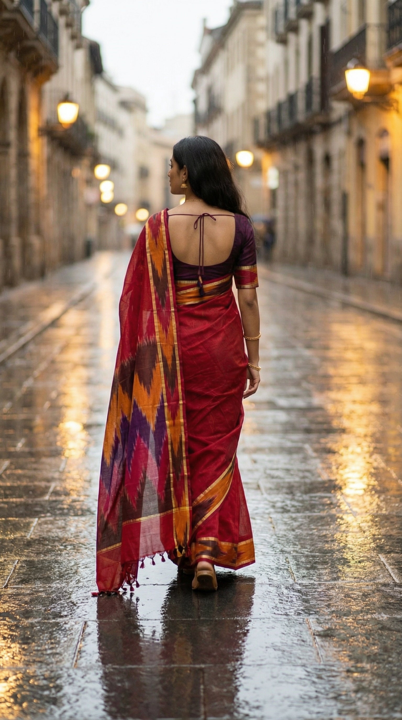 Woman in a magenta cotton saree with multicolor Ikat border and golden trim, walking on a wet street with buildings lining the sides.