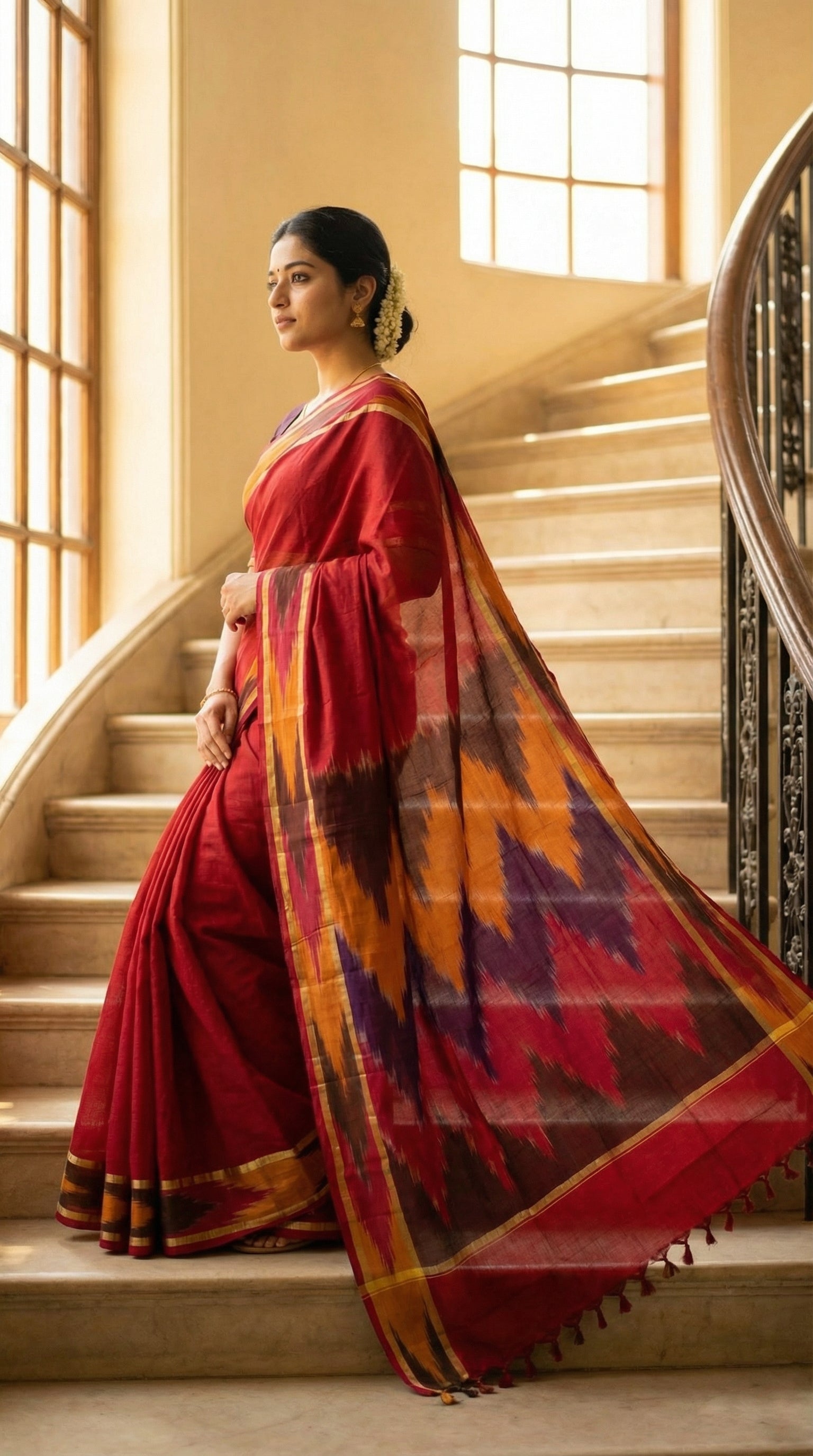 Woman in a magenta cotton saree with multicolor Ikat border and golden trim, standing on a staircase.