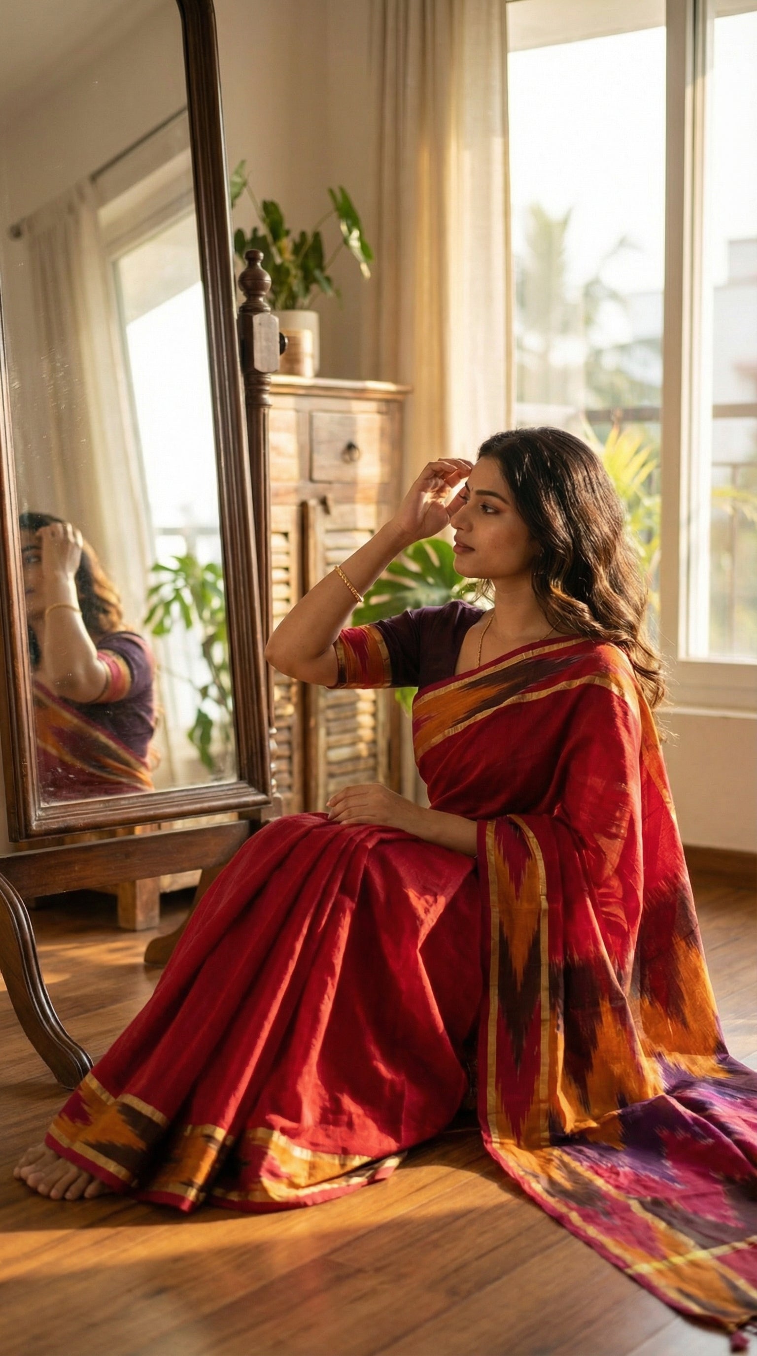Woman in a magenta cotton saree with multicolor Ikat border and golden trim, sitting by a window with a mirror reflection.