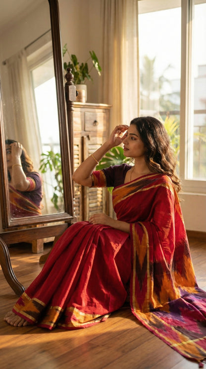 Woman in a magenta cotton saree with multicolor Ikat border and golden trim, sitting by a window with a mirror reflection.