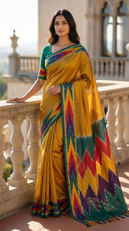 Woman wearing a mustard yellow cotton saree with abstract Ikat border in red, blue, and green, with a traditional architectural background