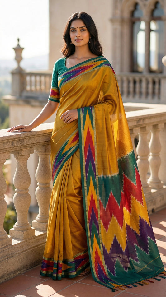 Woman wearing a mustard yellow cotton saree with abstract Ikat border in red, blue, and green, with a traditional architectural background