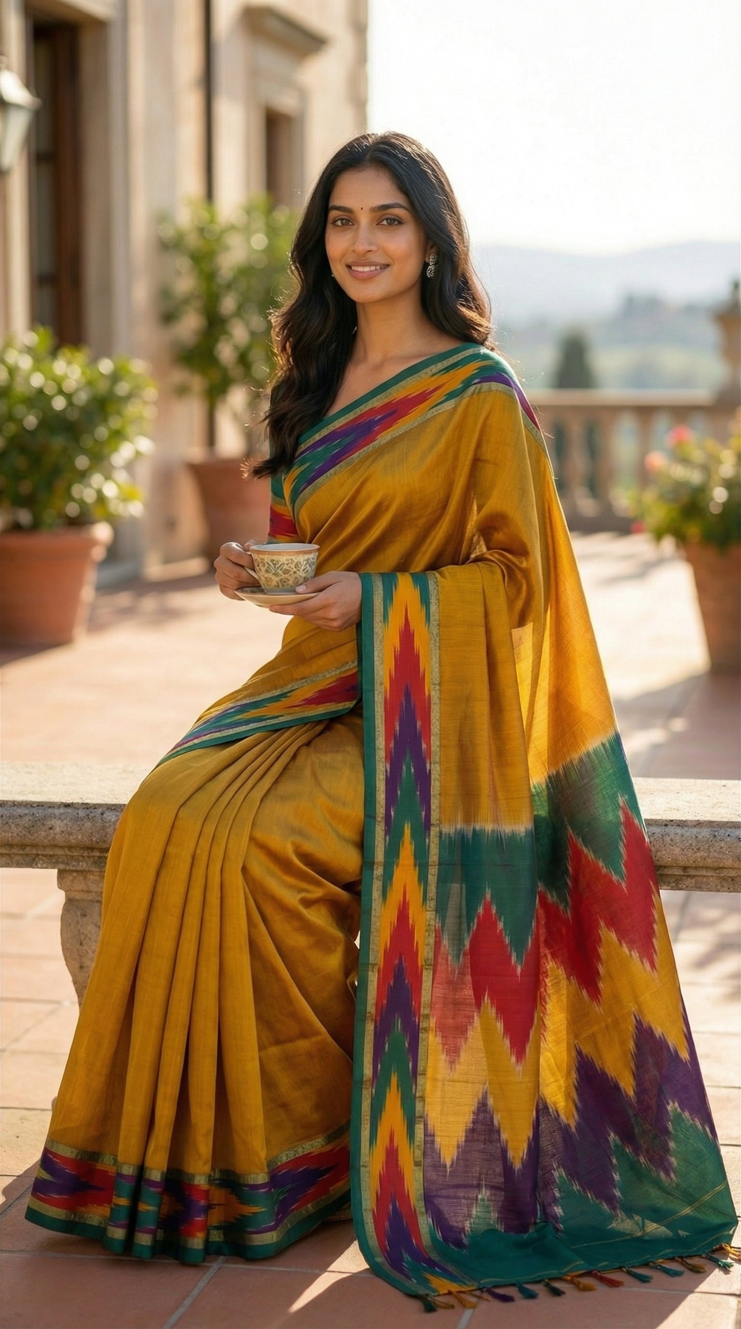 Woman in a mustard yellow cotton saree with abstract Ikat border in red, blue, and green, sitting outdoors.