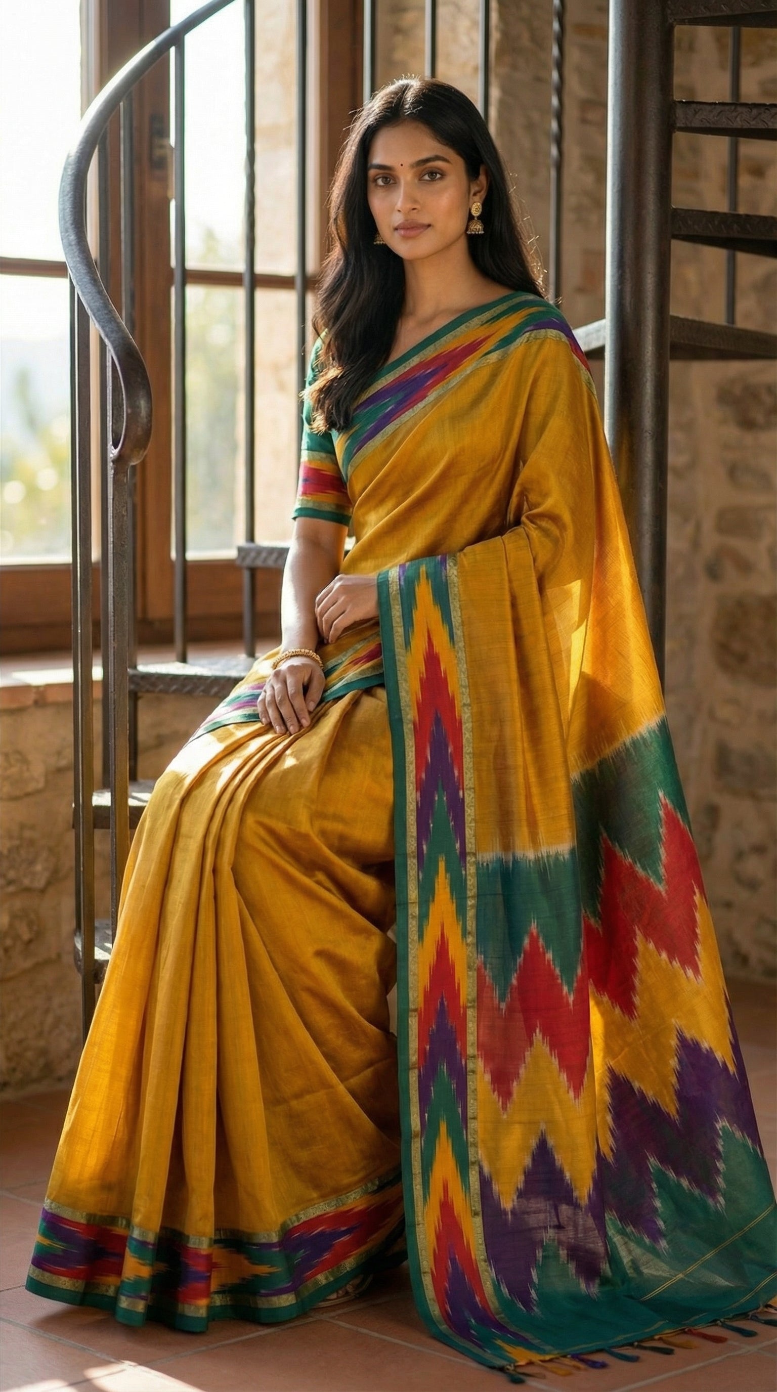 Woman wearing a mustard yellow cotton saree with abstract Ikat border in red, blue, and green, indoors.