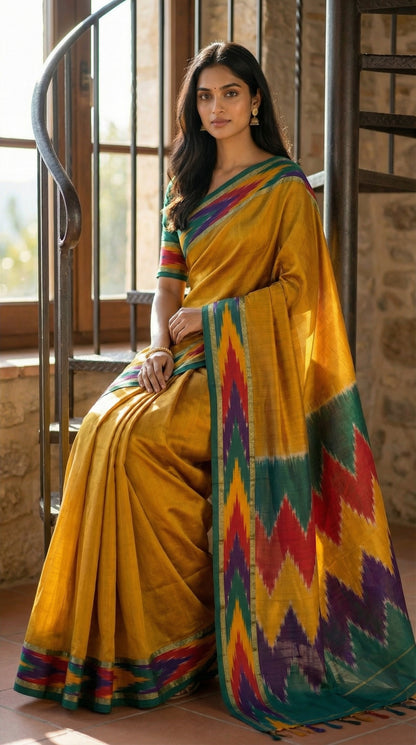 Woman wearing a mustard yellow cotton saree with abstract Ikat border in red, blue, and green, indoors.