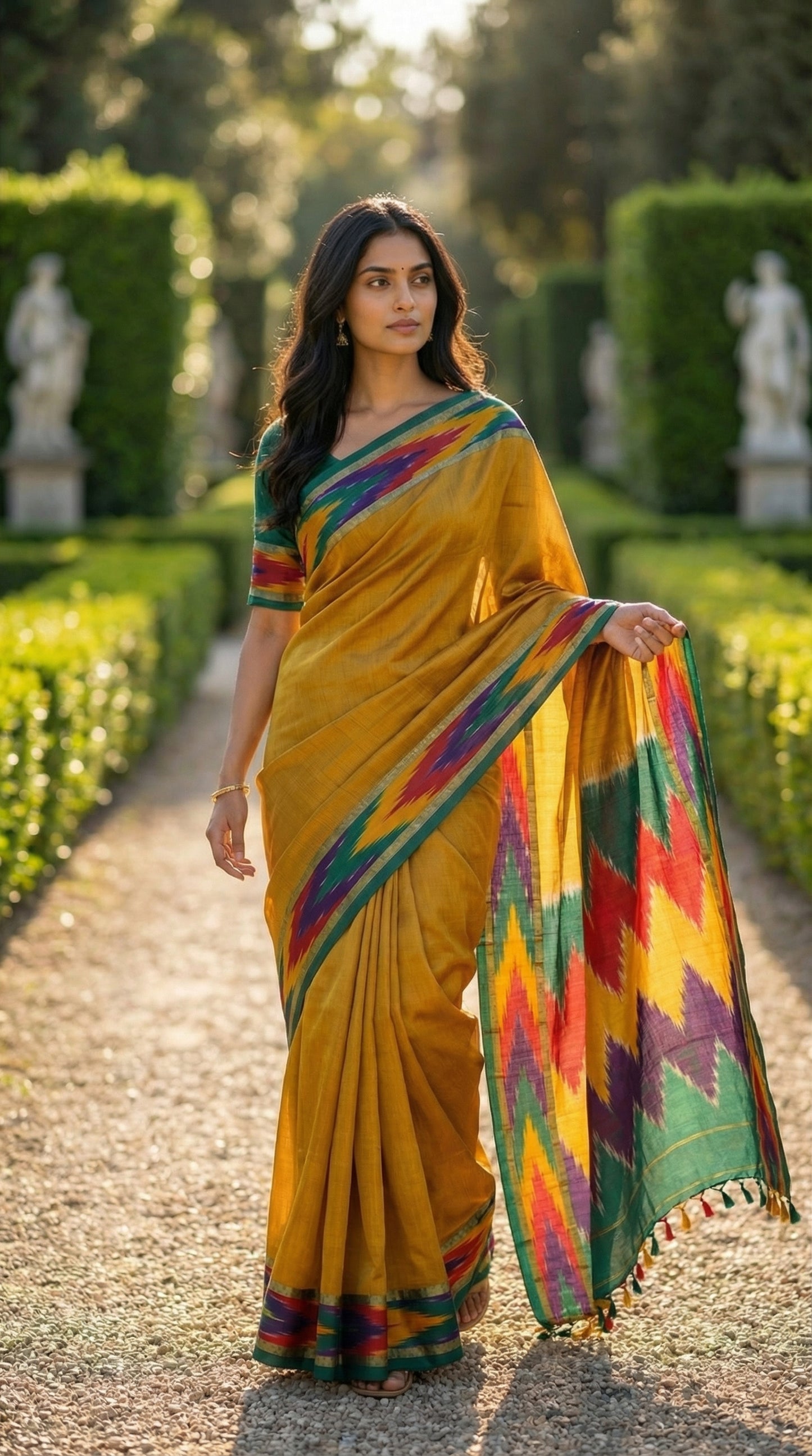 Woman in a mustard yellow cotton saree with abstract Ikat border in red, blue, and green, standing in a garden.