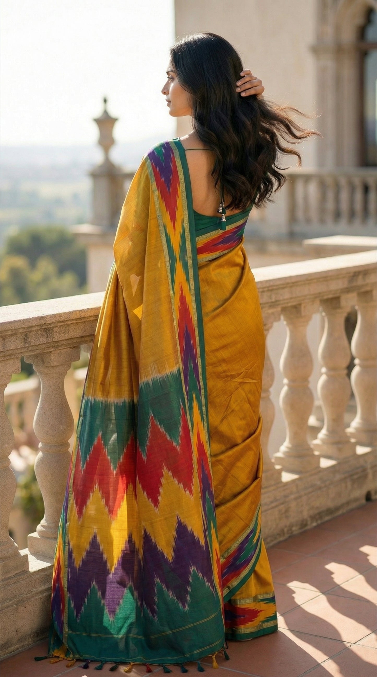 Woman wearing a mustard yellow cotton saree with abstract Ikat border in red, blue, and green, on a balcony with a scenic view.