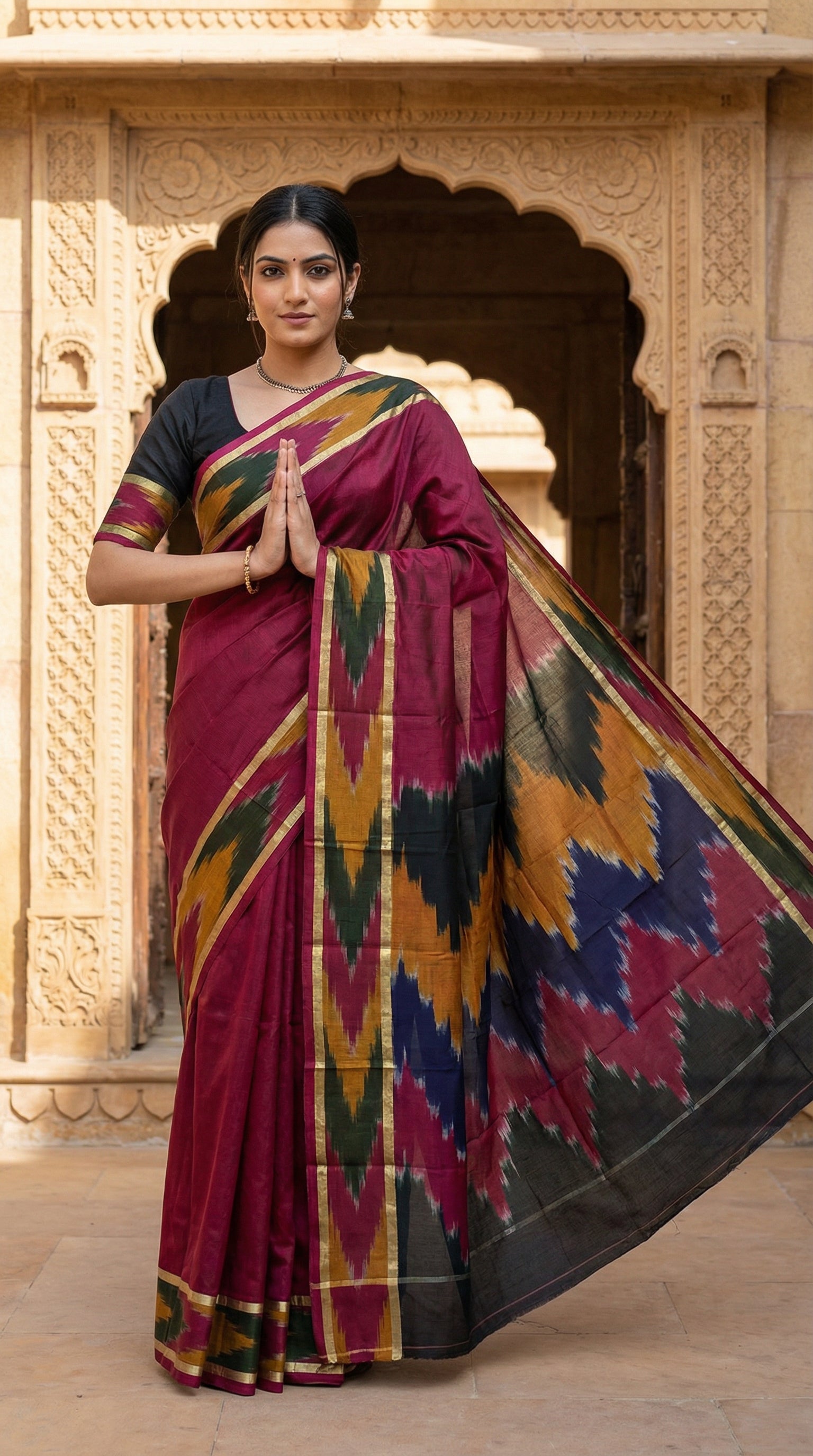 Woman wearing a wine cotton saree with abstract brushstroke border and golden trim,  in front of an architectural background.