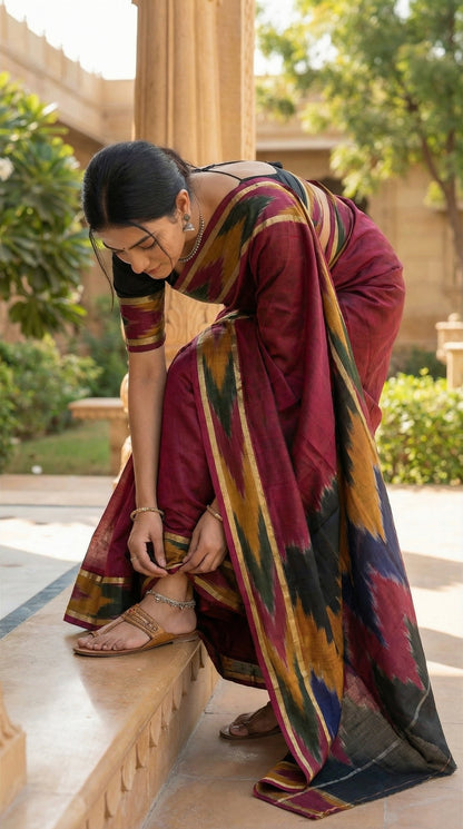 Woman in a wine cotton saree with abstract brushstroke border and golden trim, standing outdoors.