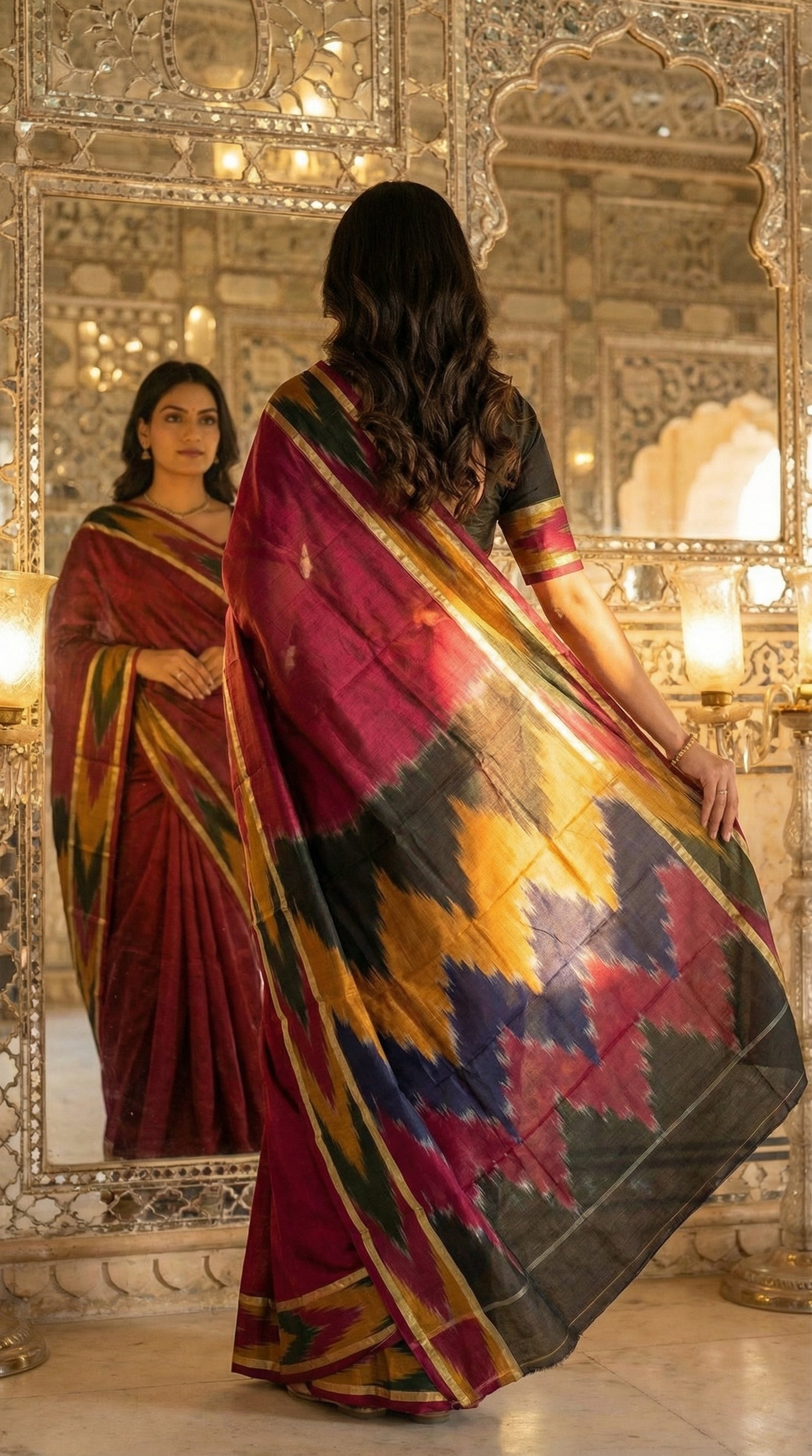 Woman in a wine cotton saree with abstract brushstroke border and golden trim, standing in front of an ornate mirror.