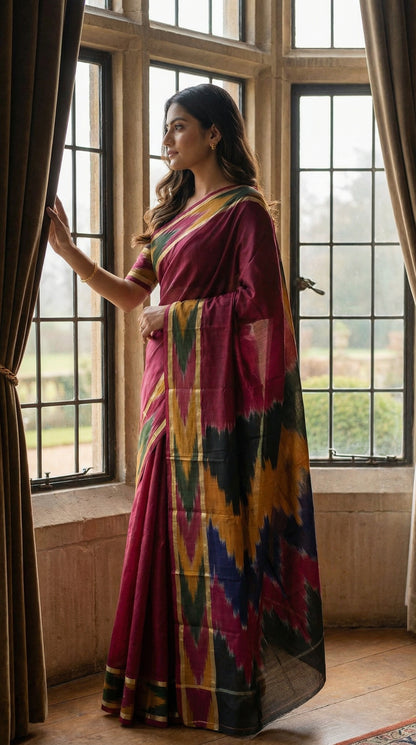 Woman in a wine cotton saree with abstract brushstroke border and golden trim, standing by a large window with a scenic view.