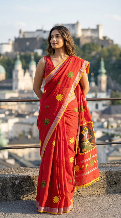 Woman in a red cotton saree with hand-painted classical dance scene and yellow pom-pom border, festive ethnic wear, standing in an outdoor setting with buildings in the background.