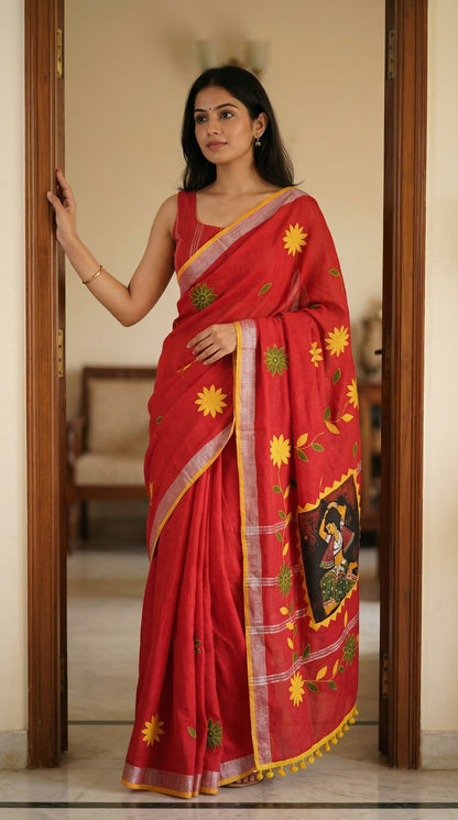 Woman in a red cotton saree with hand-painted classical dance scene and yellow pom-pom border, festive ethnic wear, standing at the entrance of the door.