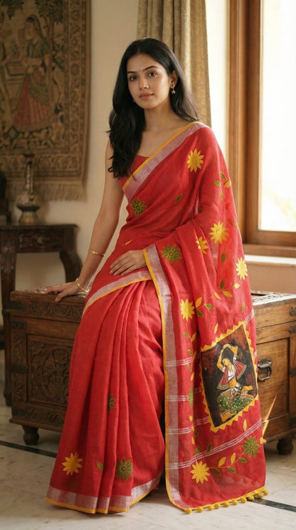 Woman in a red cotton saree with hand-painted classical dance scene and yellow pom-pom border, festive ethnic wear, sitting on a sanduk in a room.