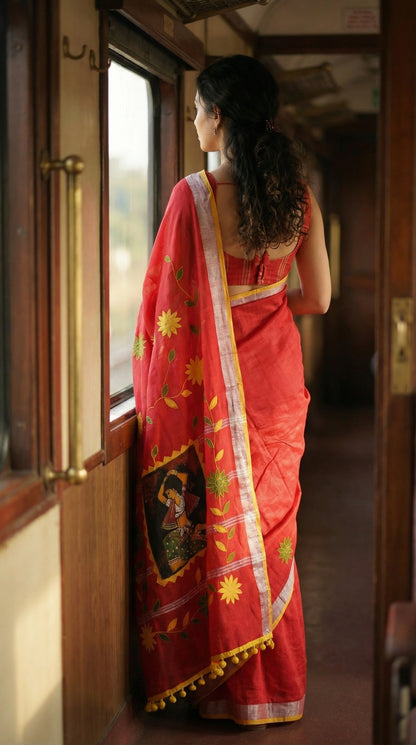 Woman in a red cotton saree with hand-painted classical dance scene and yellow pom-pom border, festive ethnic wear, looking out of a train window