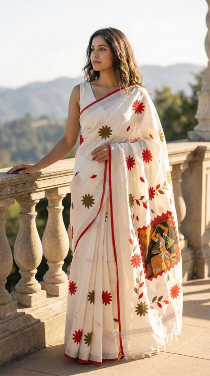 Woman in a white cotton saree with red and green hand-painted floral motifs and cultural pallu artwork, elegant ethnic wear, standing outdoors.