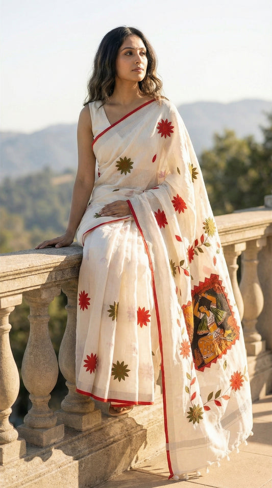 Woman in a white cotton saree with red and green hand-painted floral motifs and cultural pallu artwork, elegant ethnic wear, standing outdoors.