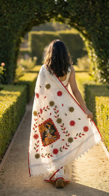 Woman in a white cotton saree with red and green hand-painted floral motifs and cultural pallu artwork, elegant ethnic wear, walking back-faced through a garden.
