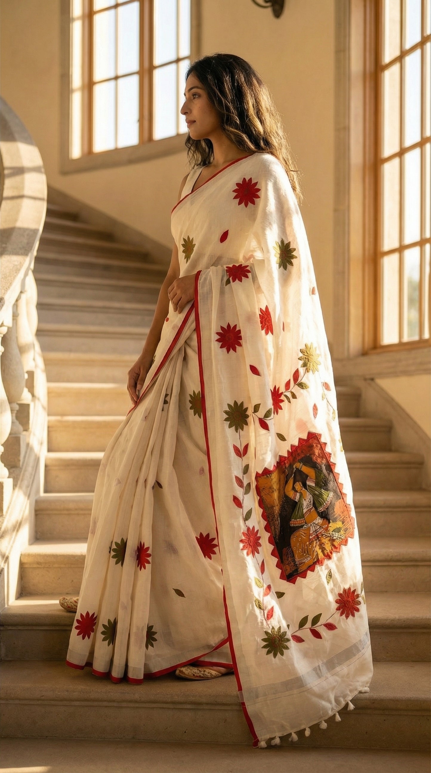 Woman in a white cotton saree with red and green hand-painted floral motifs and cultural pallu artwork, elegant ethnic wear, standing on a staircase.