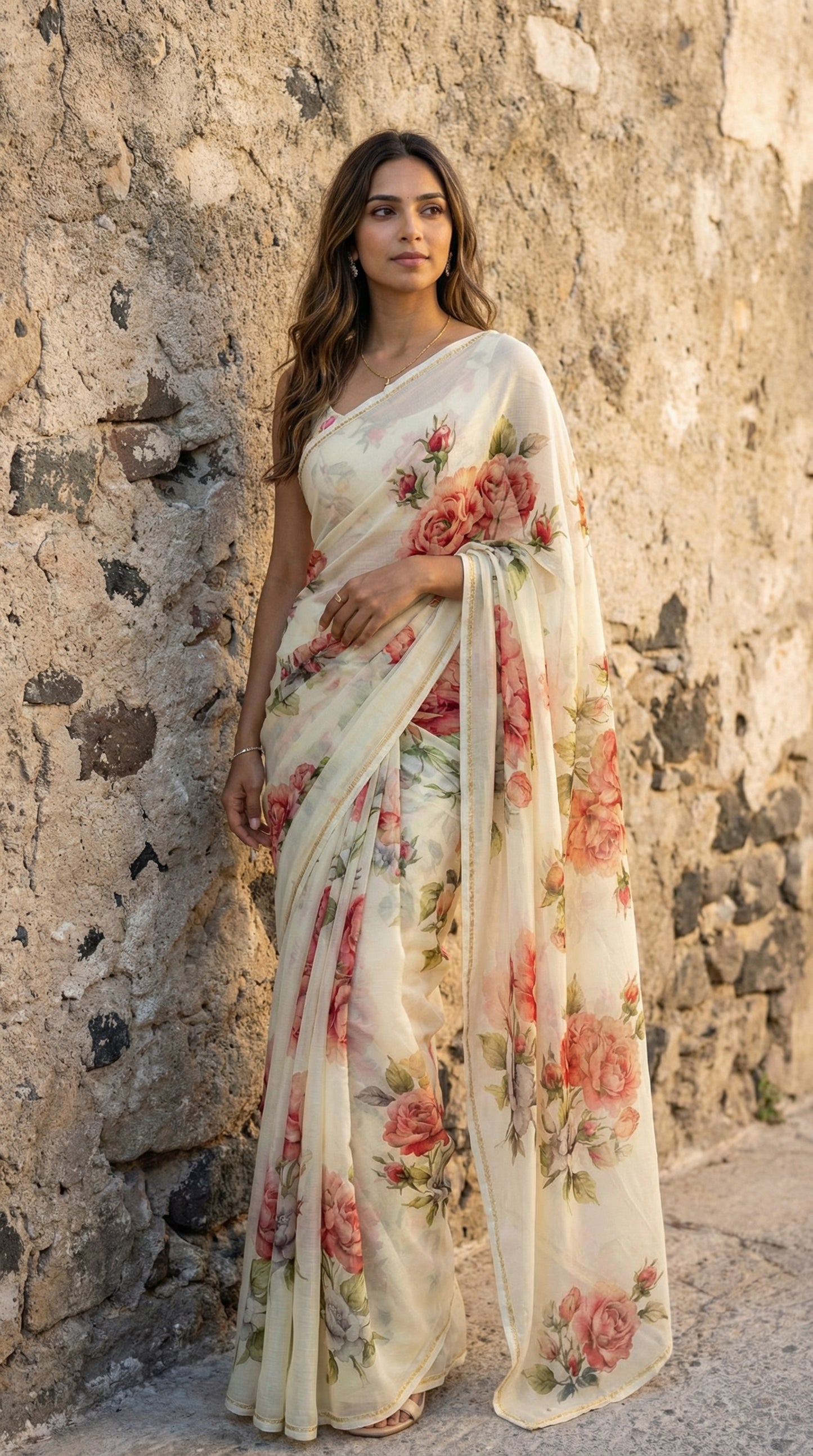 Woman in a cream chiffon saree with rose floral prints, standing against a wall.