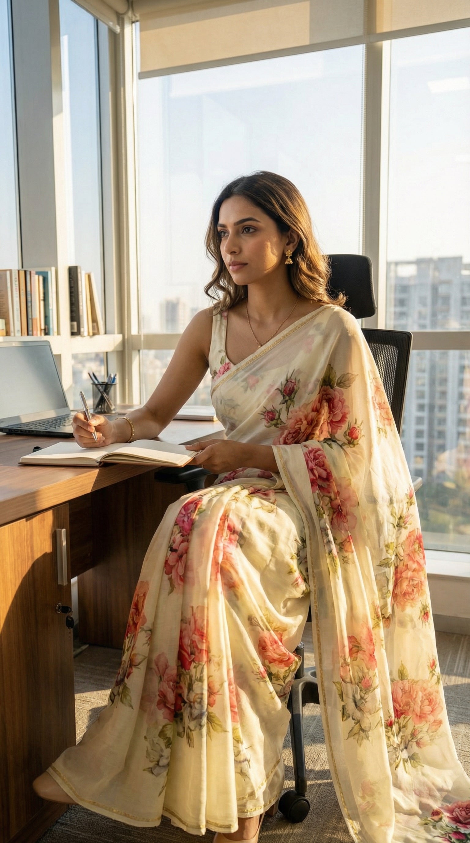 Woman in a cream chiffon saree with rose floral prints, sitting in an office chair.