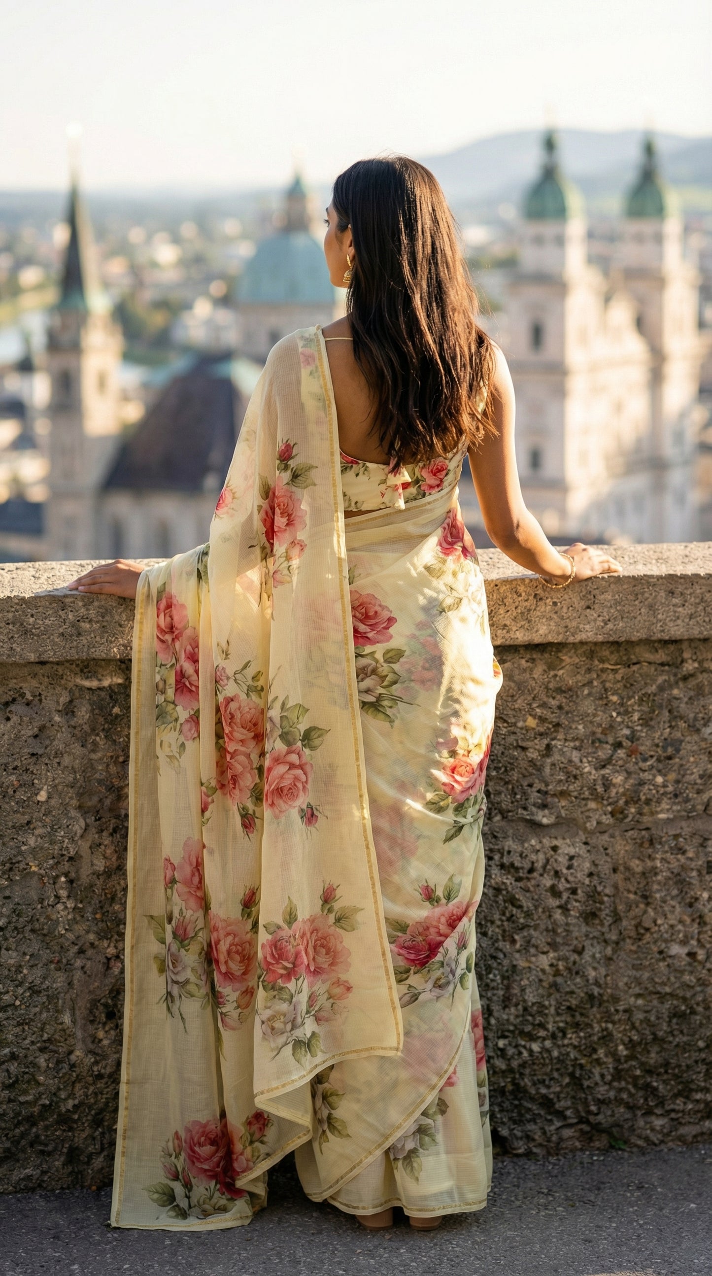 Woman in a cream chiffon saree with rose floral prints, overlooking a cityscape with tall buildings.