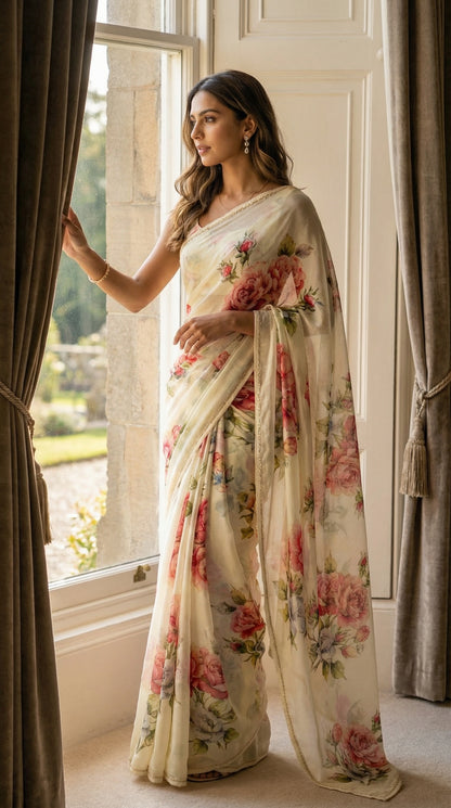 Woman in a cream chiffon saree with rose floral prints, standing and adjusting curtains to see outside.