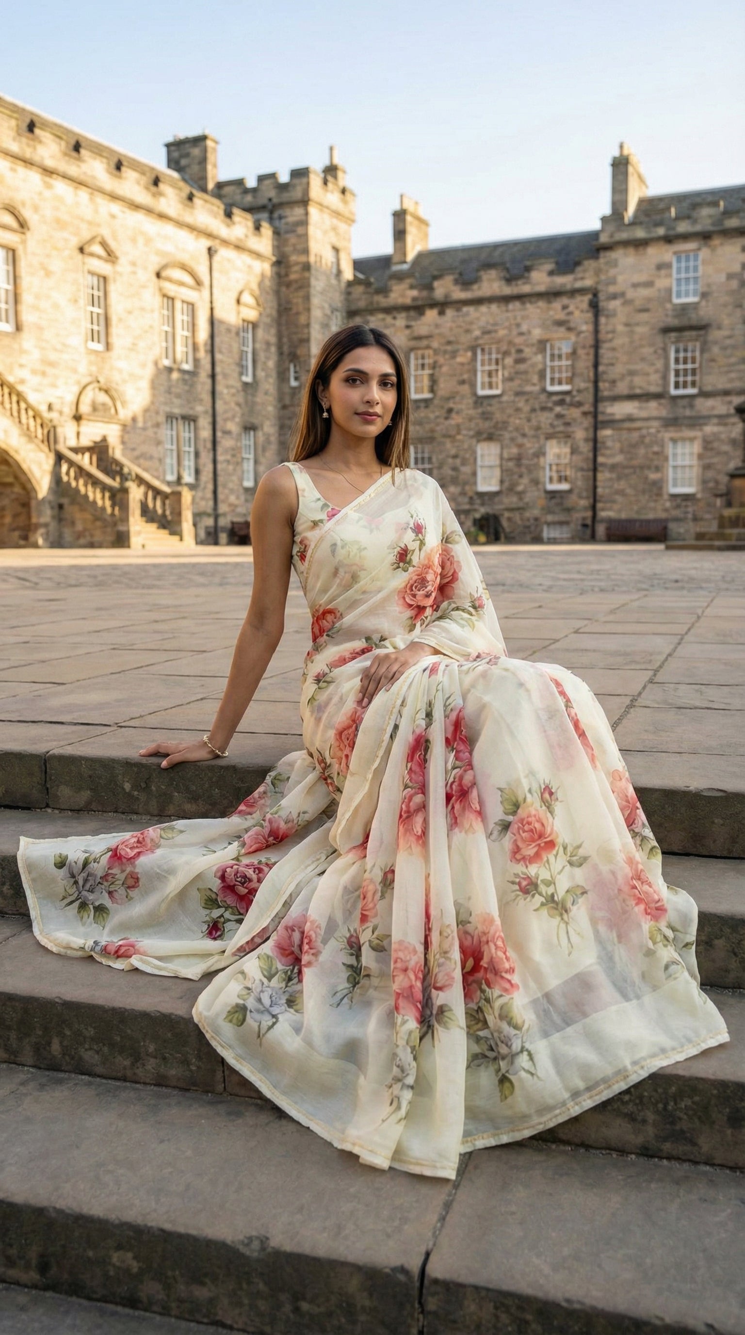 Woman in a cream chiffon saree with rose floral prints, sitting on a step with architectural setup behind her.