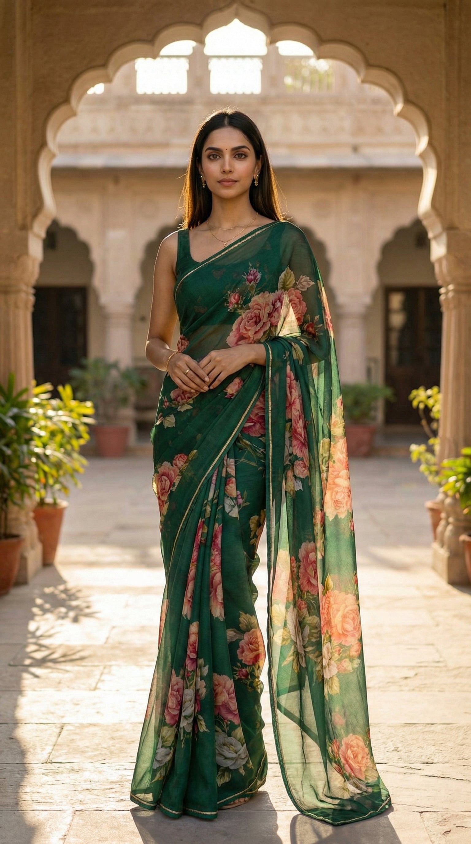 Woman wearing a dark green chiffon saree with floral prints, standing in an outdoor setting with arches and plants.