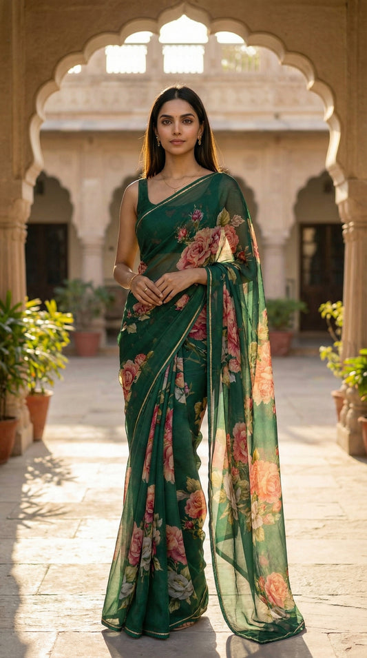 Woman wearing a dark green chiffon saree with floral prints, standing in an outdoor setting with arches and plants.