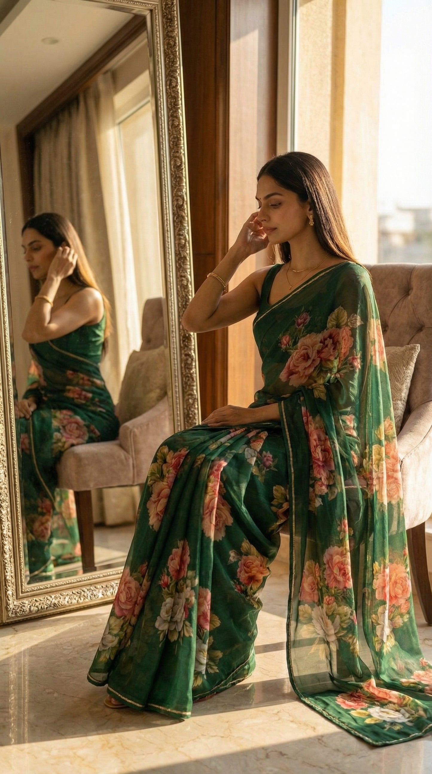 Woman wearing a dark green chiffon saree with floral prints, sitting in front of a mirror.
